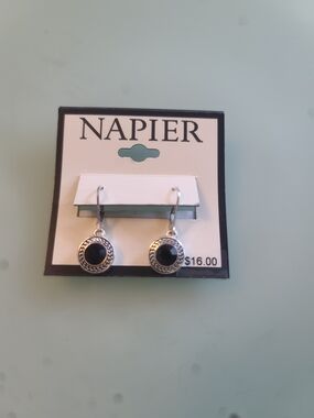 Napier Silver-Tone Drop Earrings with Black Centers